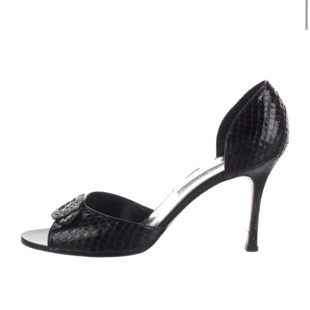 Manolo Blahnik Black Snakeskin Heels with Crystal Embellishment - Picture 2 of 5